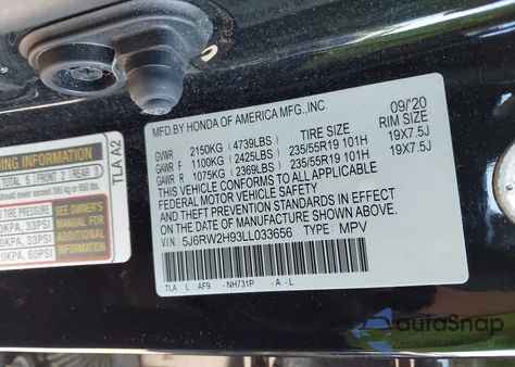 2020 Honda Cr-V Awd Touring z USA, uszkodzony, nr VIN 5J6RW2H93LL033656